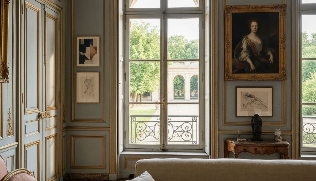 Haute fenêtre encadrée de boiseries gris-bleu à filets dorés, jardin à arcades en contre-jour