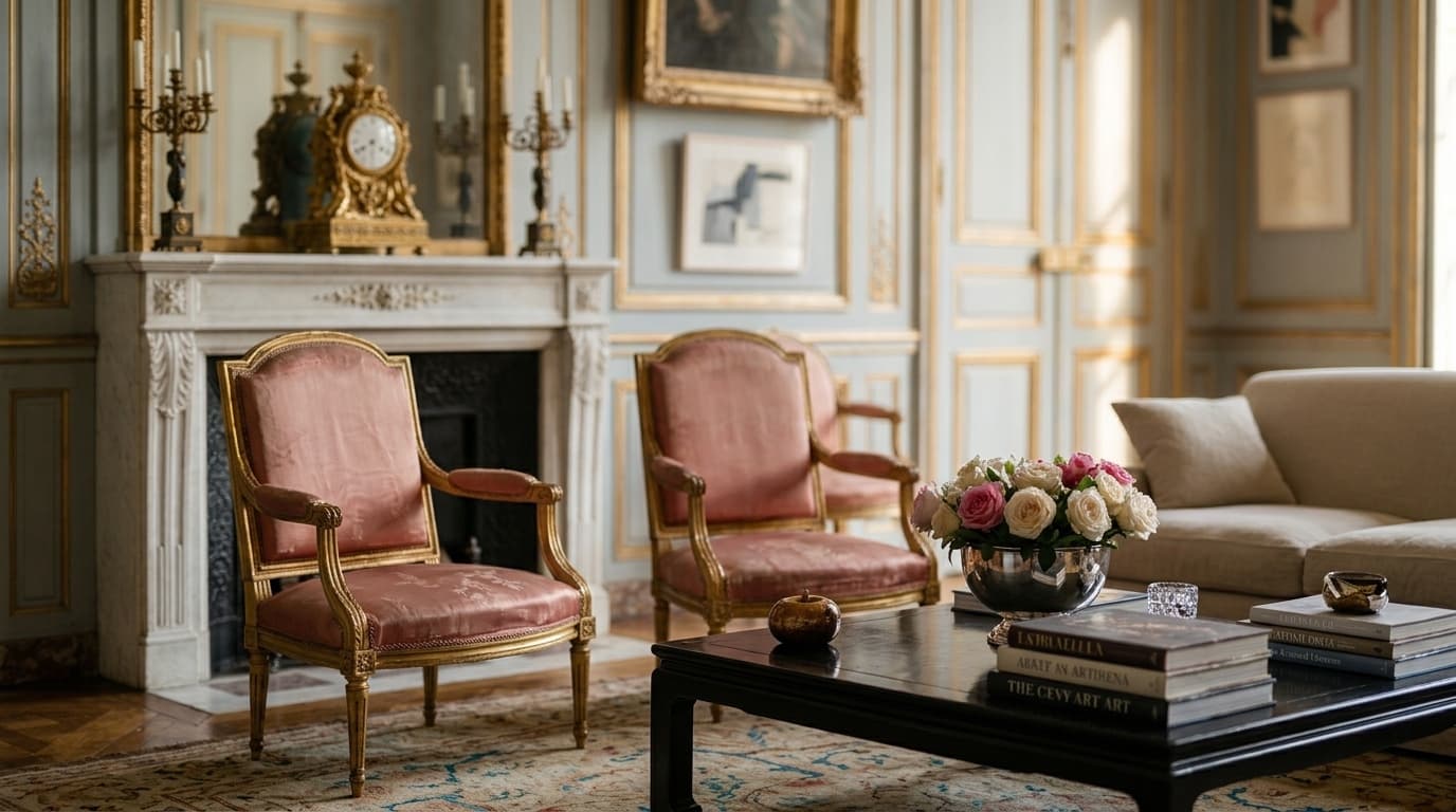 Fauteuils Directoire en soie rose autour d'une table basse laquée et d'un bouquet de roses