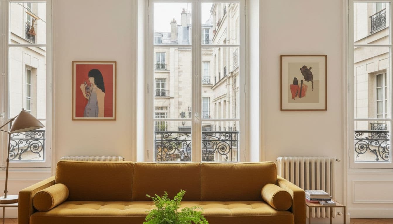 Haute fenêtre et corniche d'un immeuble de rapport, façades de la rue en face
