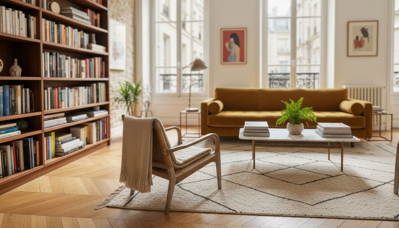 Canapé en velours moutarde et table basse en marbre chargée de livres