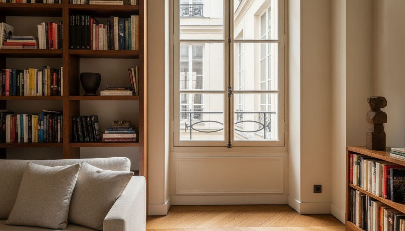 Fenêtre à petits carreaux et plafond à la française peint, cour pavée en contre-jour