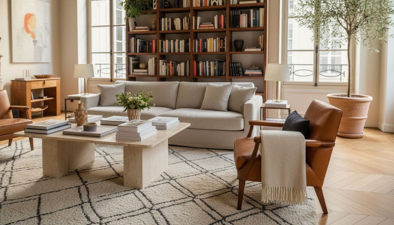 Fauteuil en cuir caramel près d'une table basse en travertin et de livres d'art