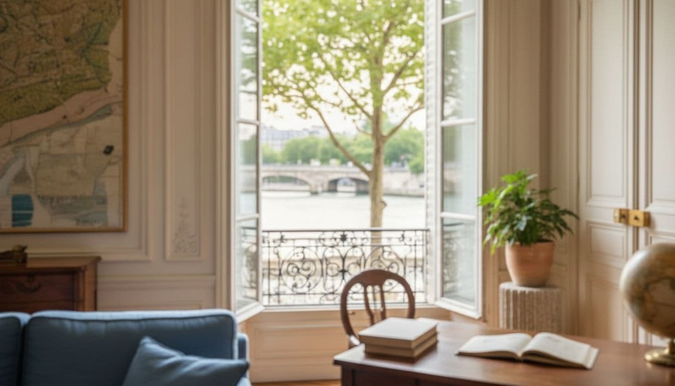 Haute fenêtre ouverte sur les quais de Seine, encadrée de boiseries ivoire