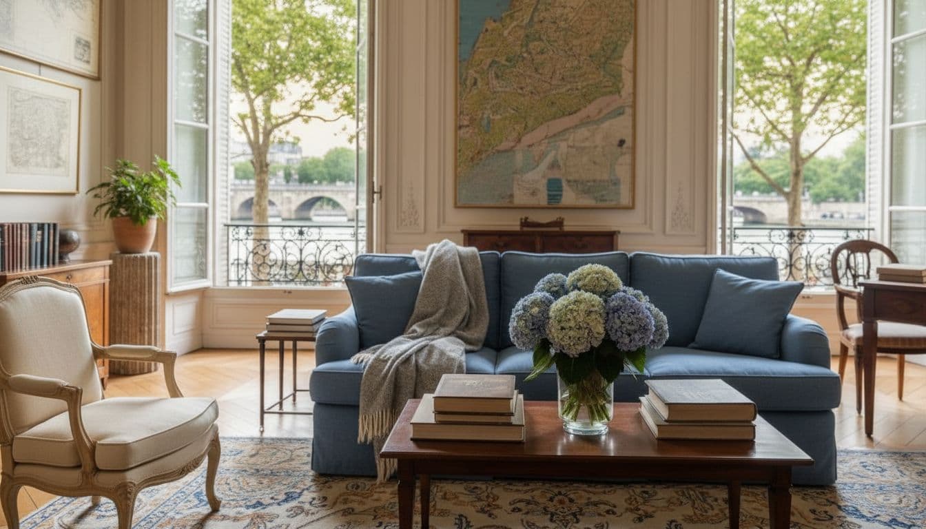 Bergère crème et table basse en noyer avec un bouquet d'hortensias
