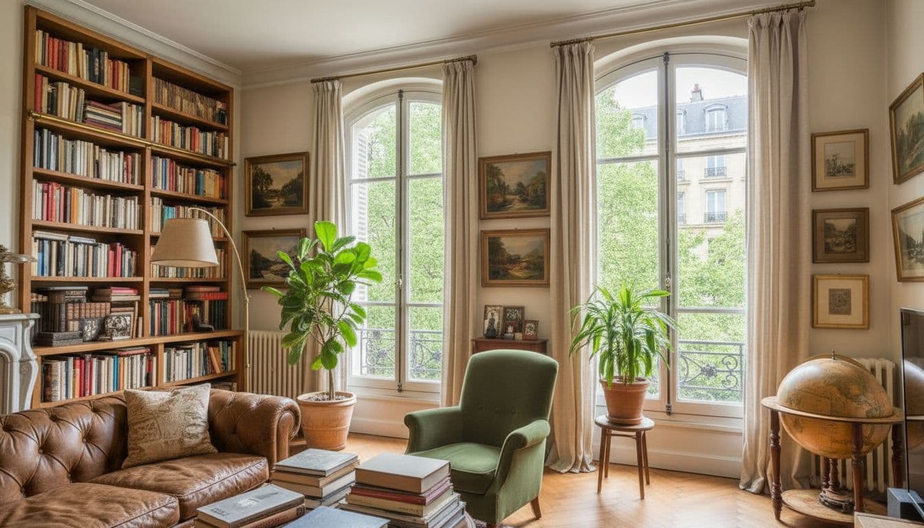 Fenêtre cintrée et moulures, arbres d'un square du Quartier Latin derrière la vitre