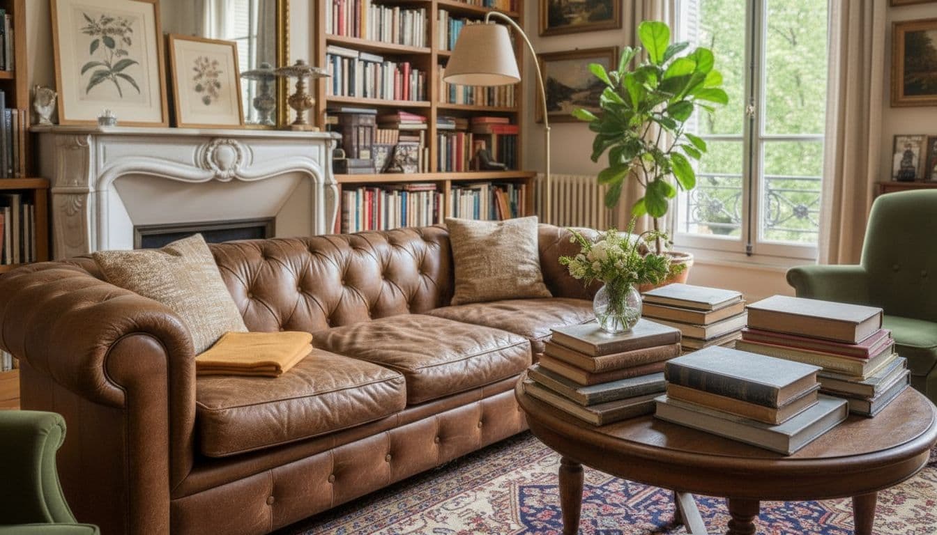 Chesterfield en cuir patiné et table ronde couverte de livres