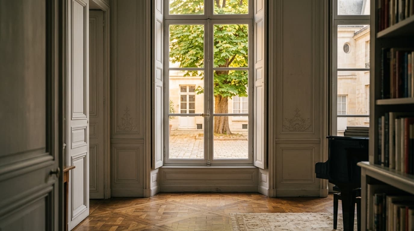 Haute fenêtre aux volets intérieurs ouverts sur une cour pavée et un marronnier