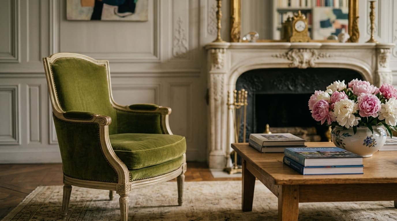 Fauteuil Louis XVI en velours mousse près d'une table basse en chêne et d'un bouquet de pivoines