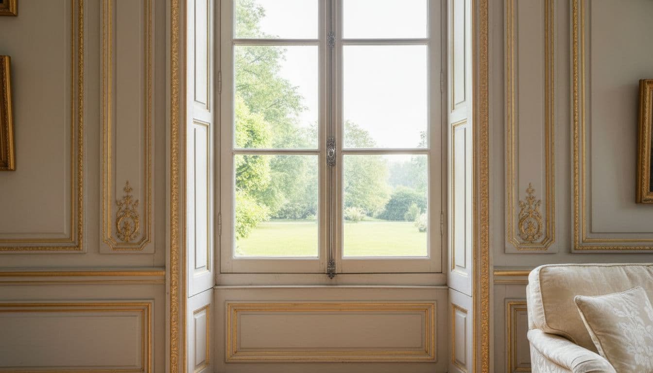 Boiseries grises rehaussées d'or et porte double ouverte sur l'enfilade
