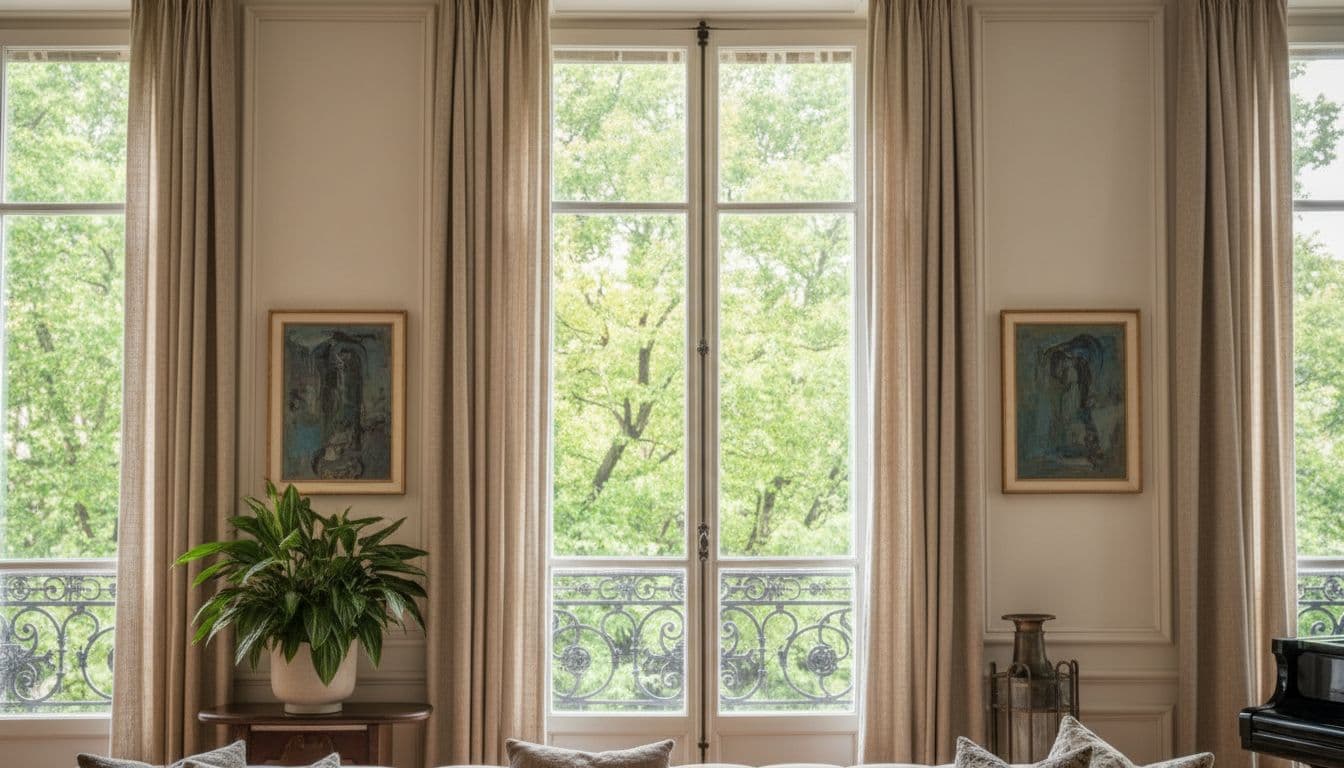 Porte-fenêtre et balcon filant en fer forgé sur les arbres du parc Monceau