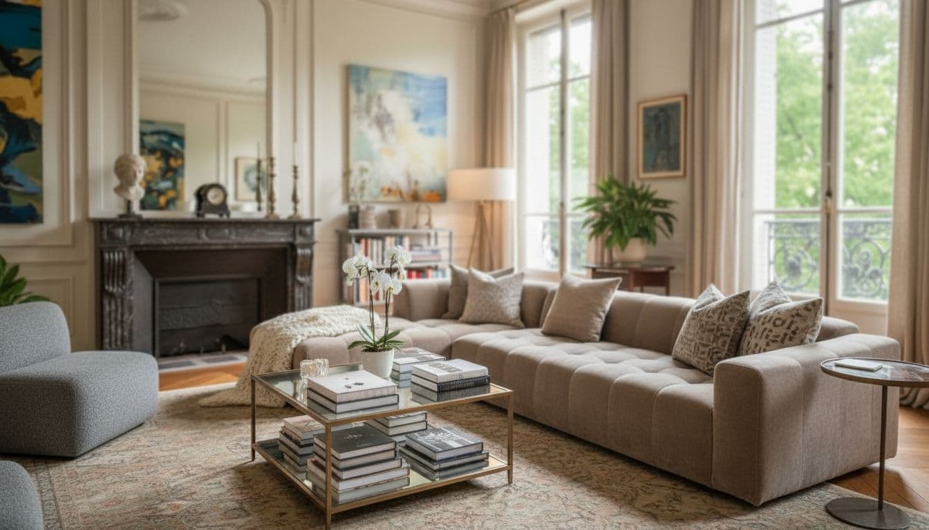 Canapé de velours taupe et fauteuils bouclés autour d'une table en bronze et verre