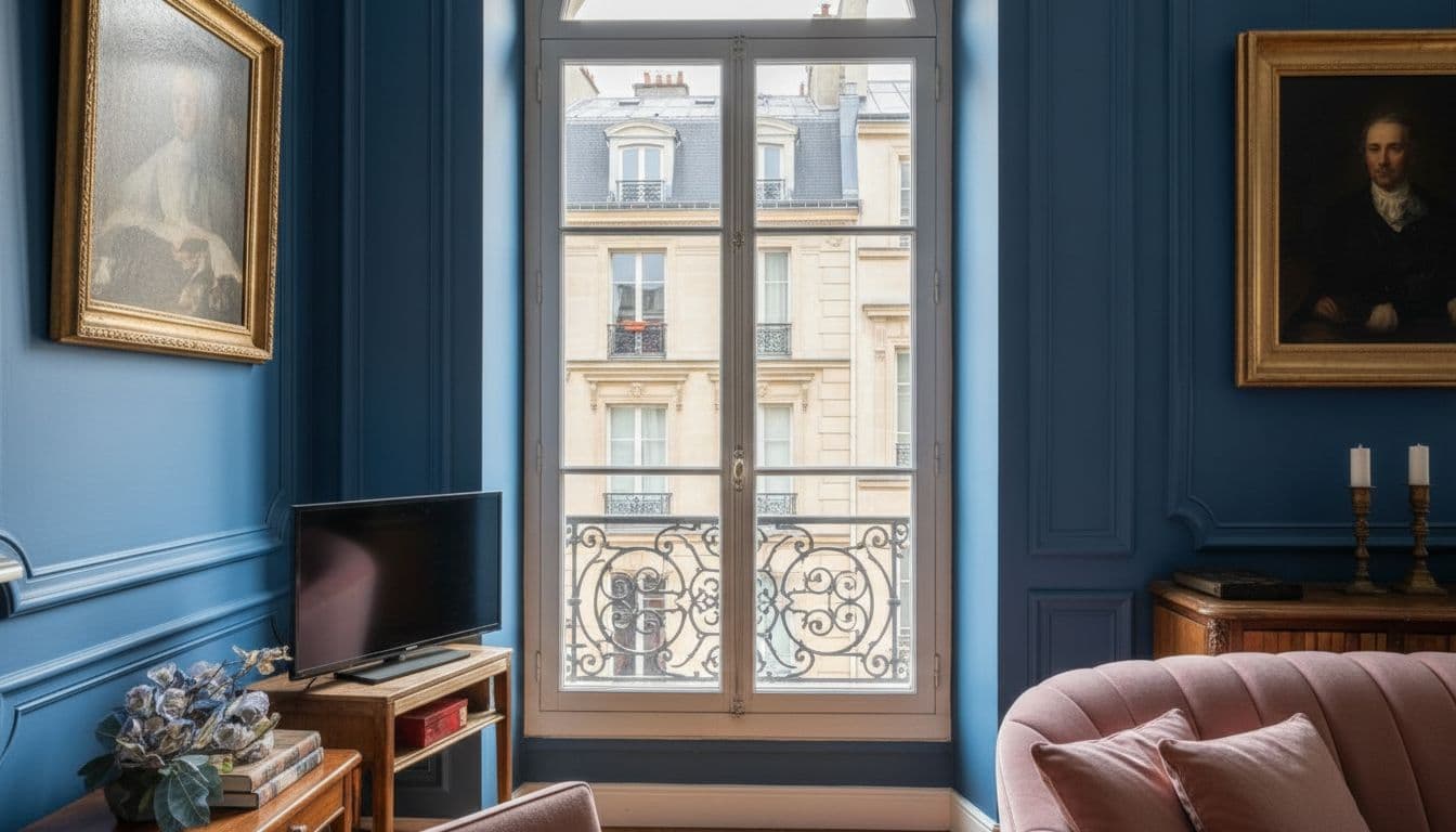 Haute fenêtre et moulures blanches sur murs bleu nuit, façades de pierre en face