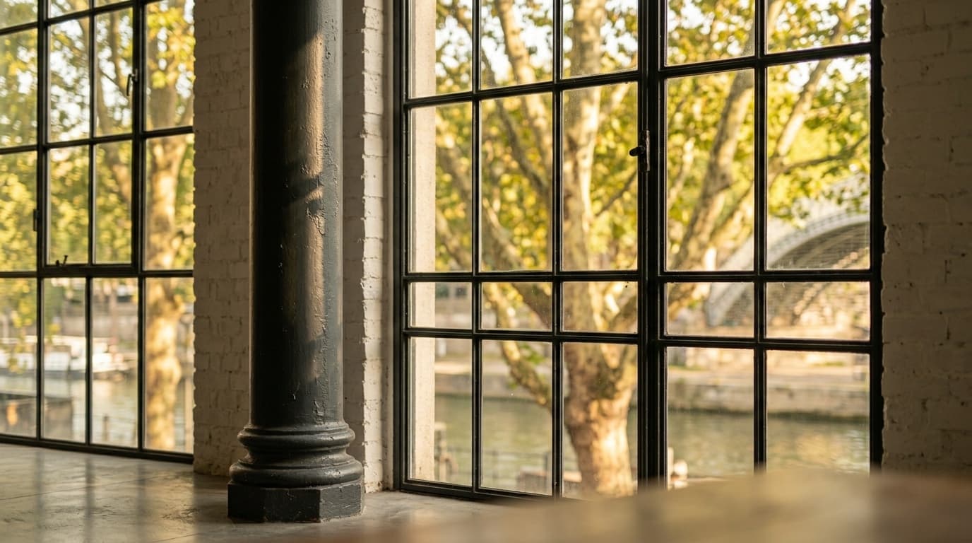 Verrière d'atelier en acier et colonne de fonte, platanes du canal en contre-jour