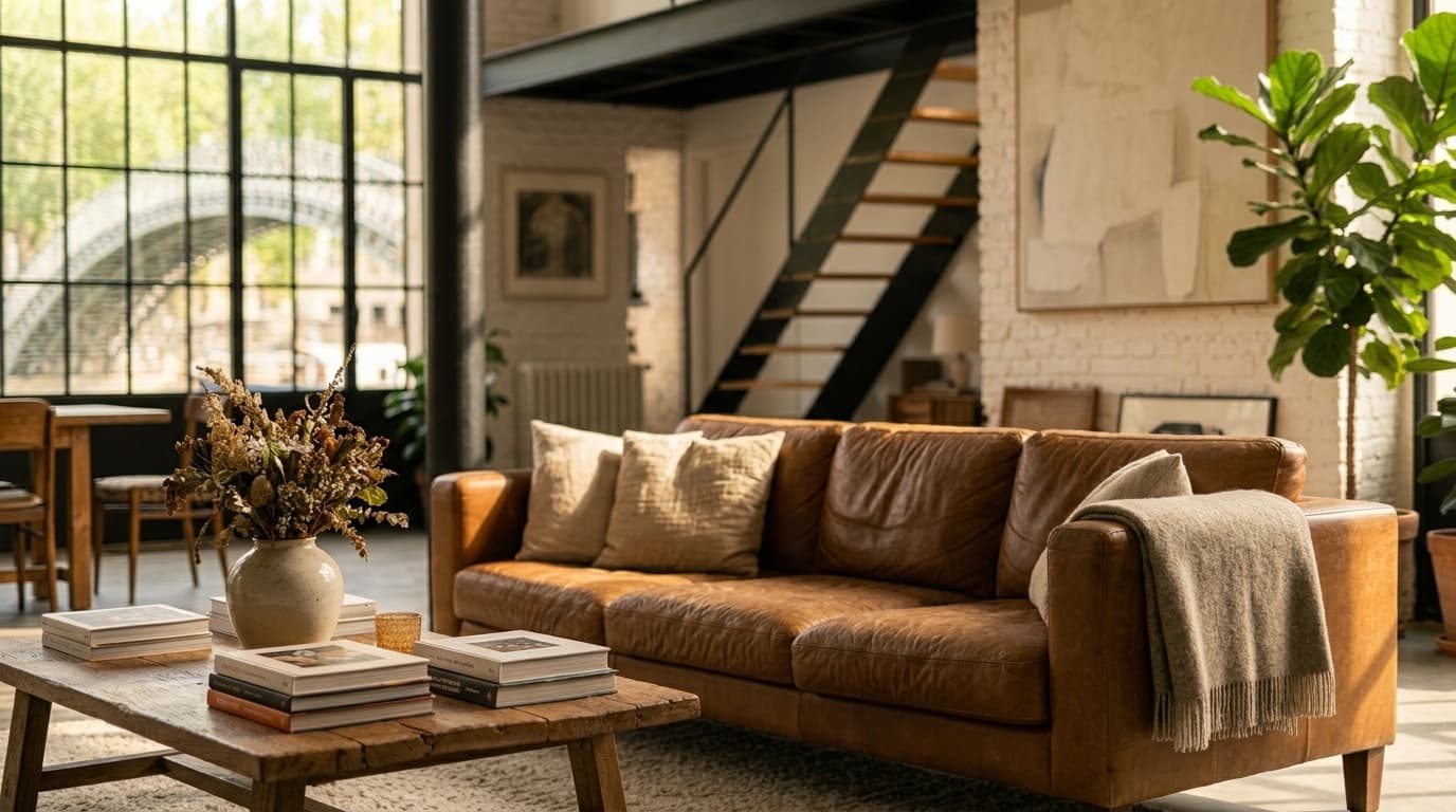 Canapé en cuir cognac et table basse en chêne de récupération dans un loft
