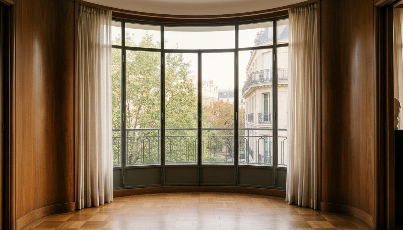 Bow-window aux fines menuiseries métalliques et boiseries de noyer