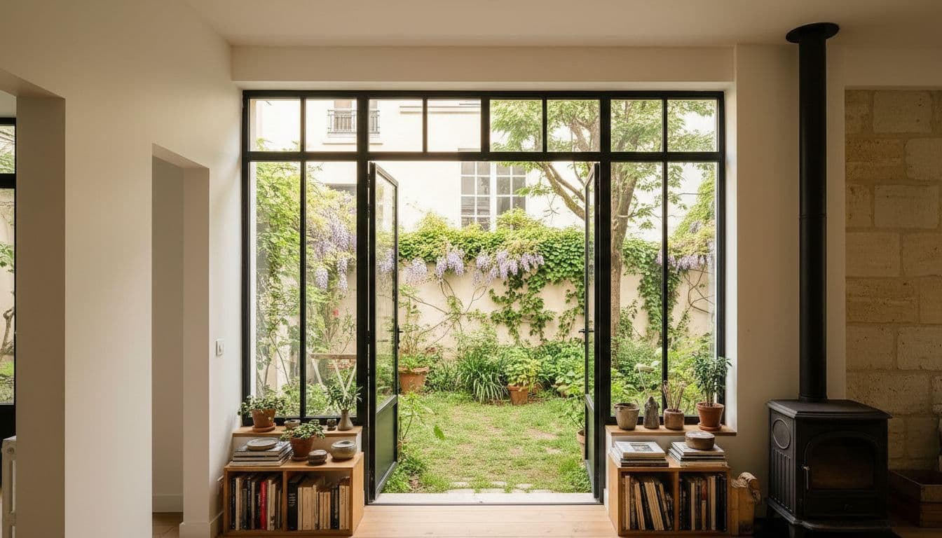 Verrière d'acier en double hauteur ouverte sur le jardin