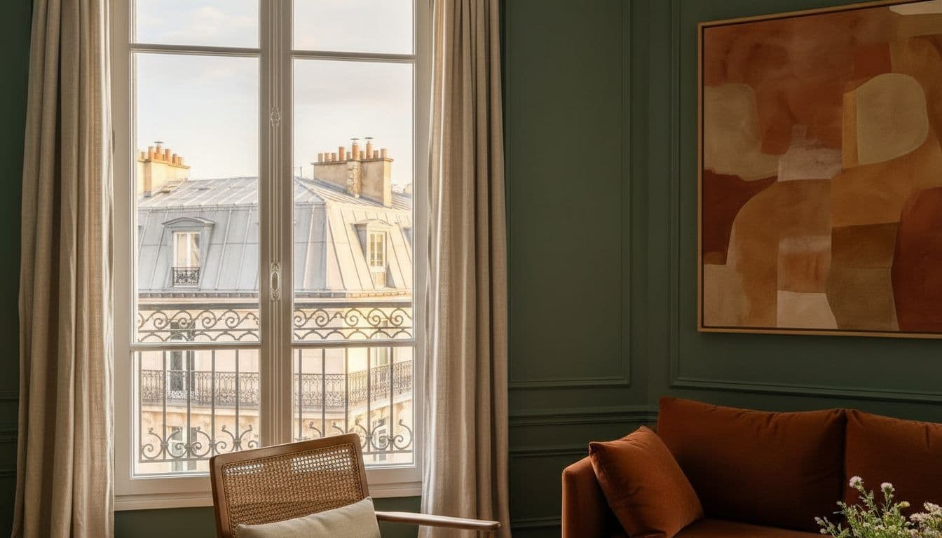 Fenêtre et moulures sur mur vert sauge