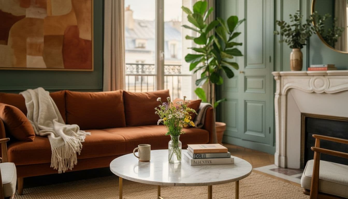 Fauteuil en velours rouille et table basse vintage
