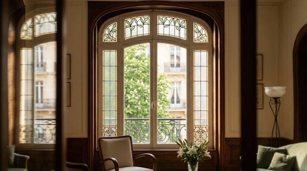 Fenêtre cintrée aux vitraux vert et ambre, encadrée de boiseries Art nouveau
