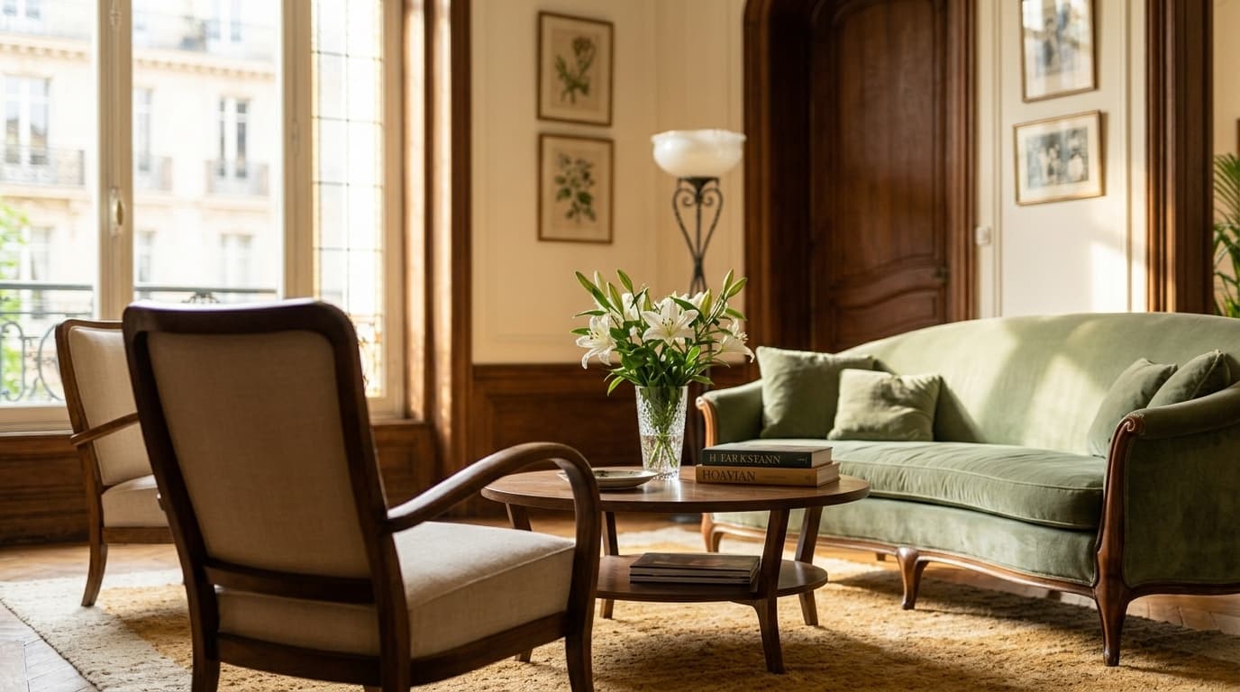 Canapé de velours sauge et fauteuil cintré autour d'une table ronde en noyer