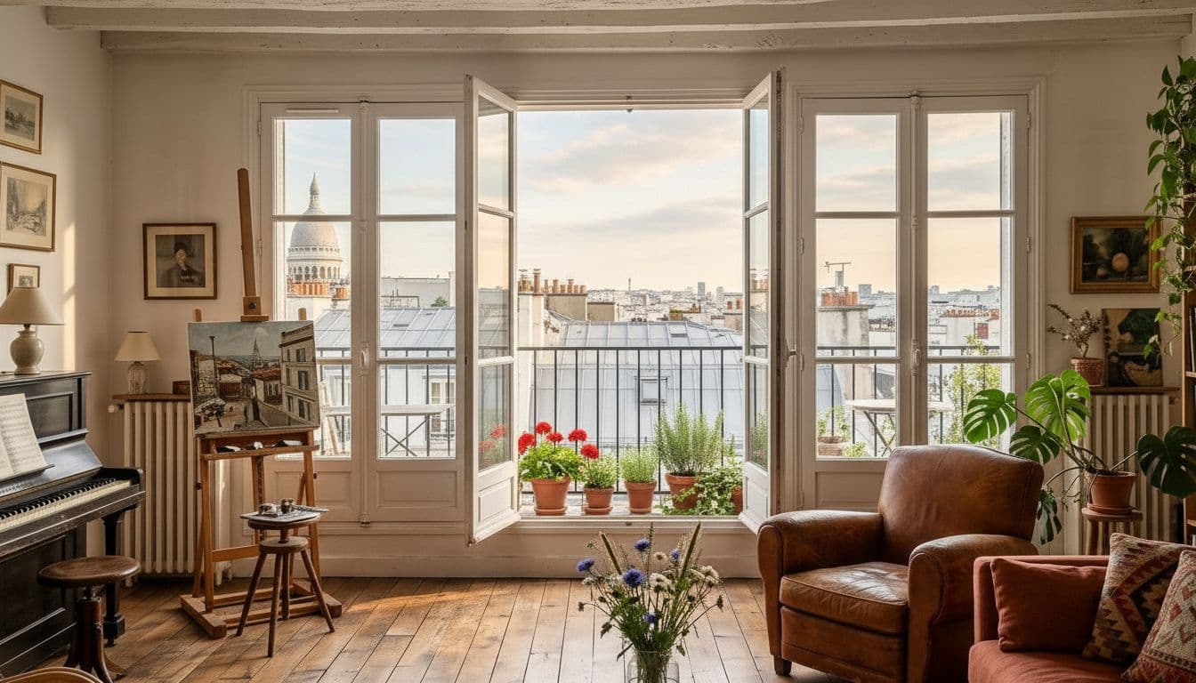 Portes-fenêtres sur un balcon fleuri et les toits de Paris en contrebas