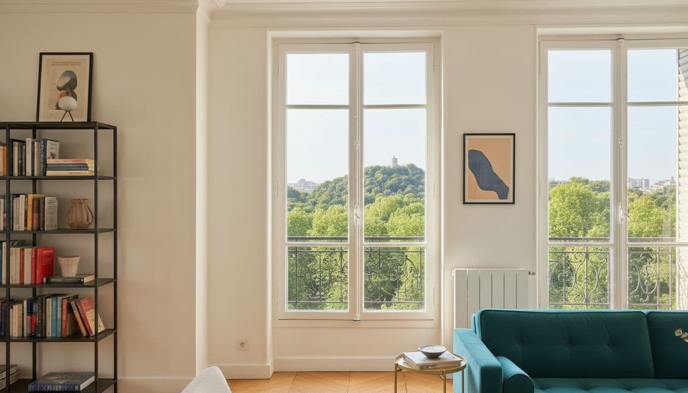 Grande fenêtre ouverte sur la colline verte des Buttes-Chaumont