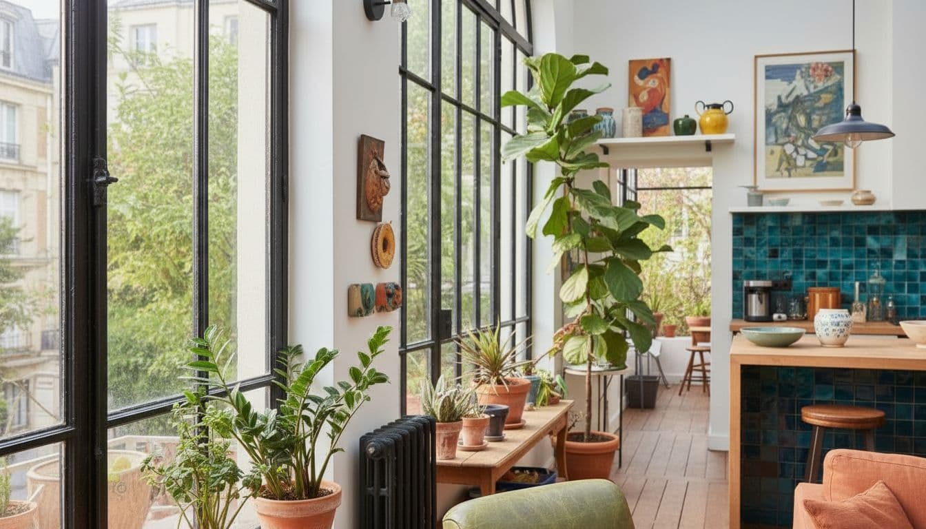 Verrière d'acier et murs blanchis d'un ancien atelier sur cour
