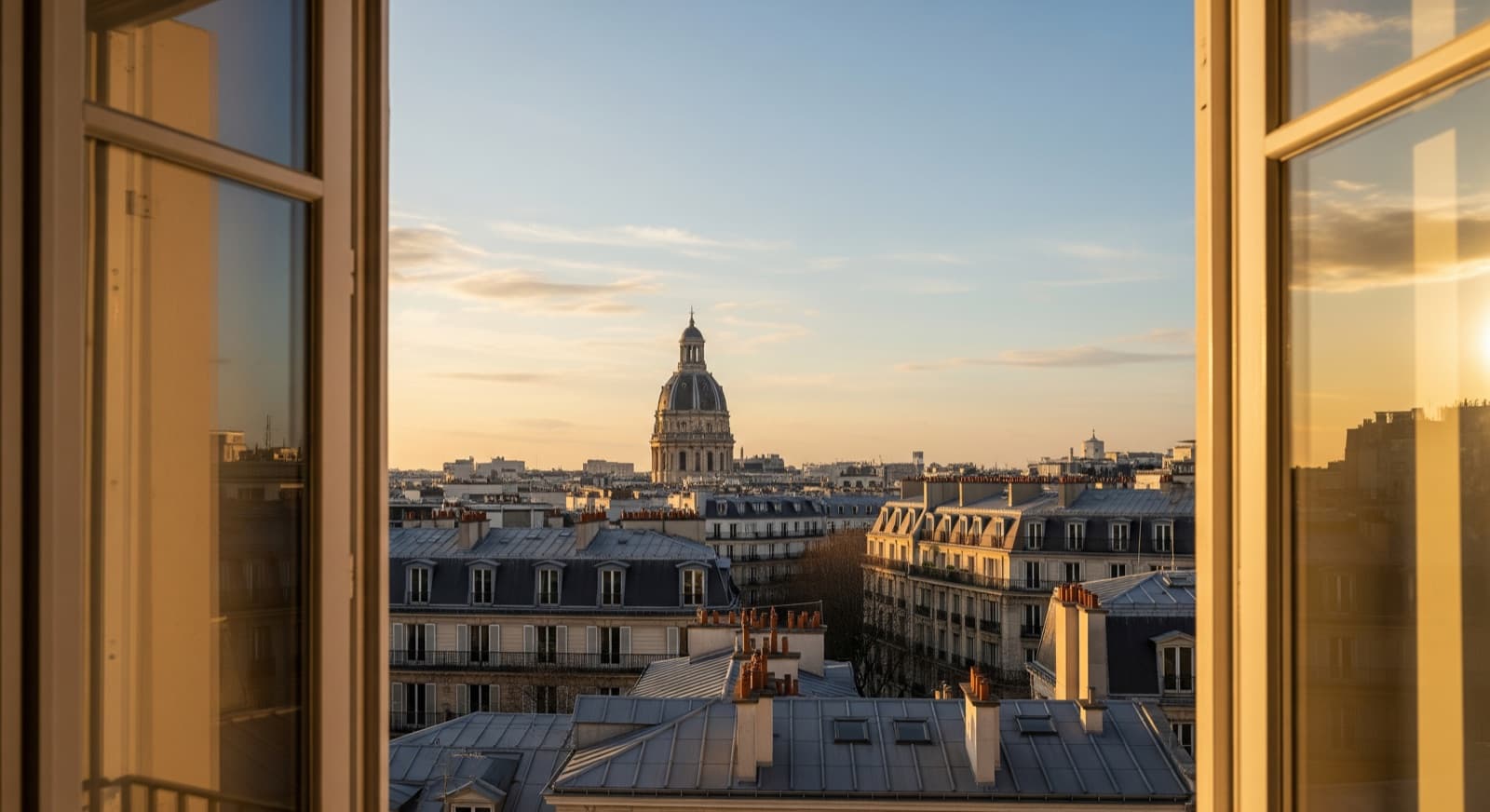 Vue sur les toits de Paris depuis une fenêtre haussmannienne