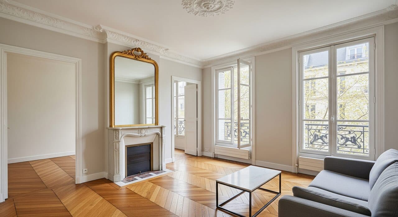 Salon haussmannien d'un appartement parisien — visuel d'annonce fictive