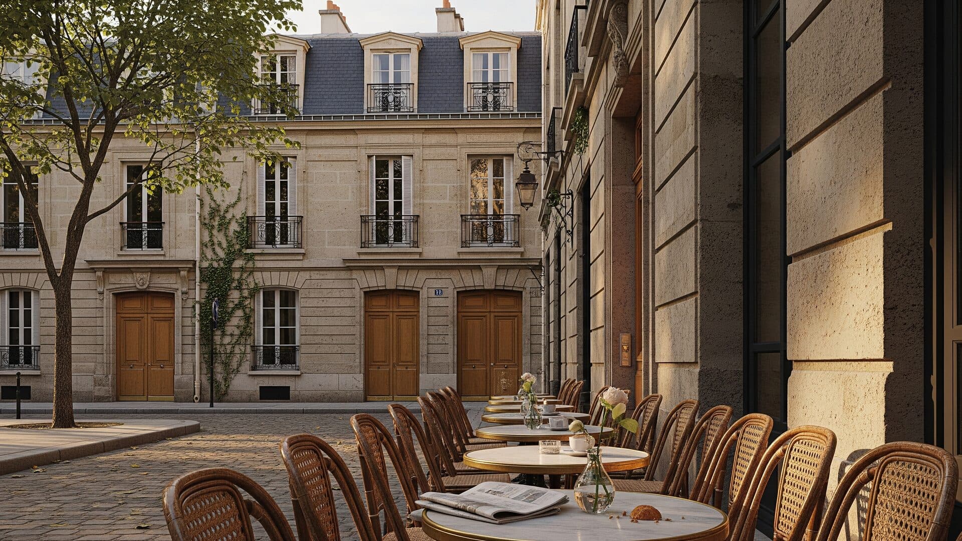 Rue pavée du Marais et de la Rive Gauche avec terrasse de café