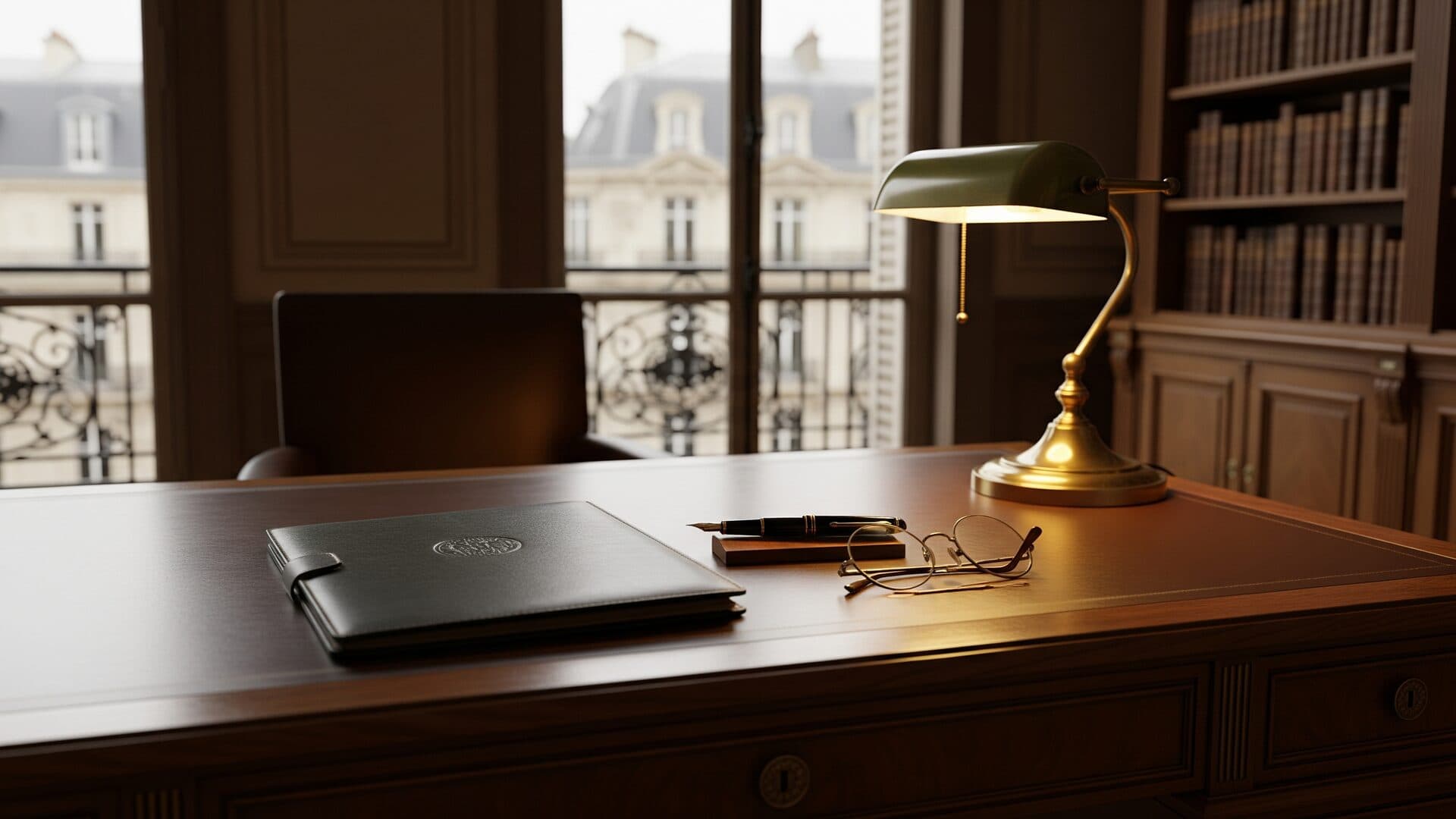 Bureau de notaire parisien : dossier en cuir, stylo plume et lampe en laiton