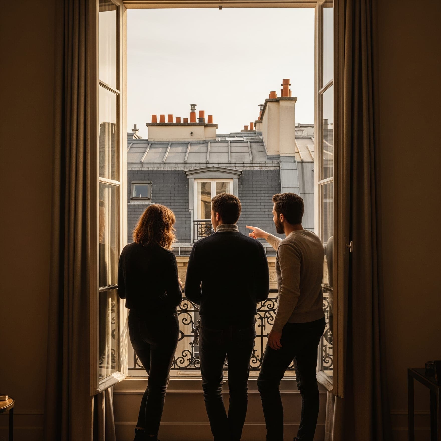Les trois associés observent les toits de Paris depuis la fenêtre du cabinet