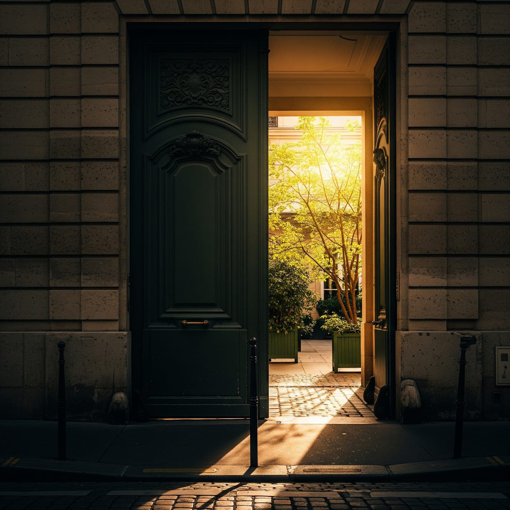 Une porte cochère entrouverte sur une cour intérieure ensoleillée
