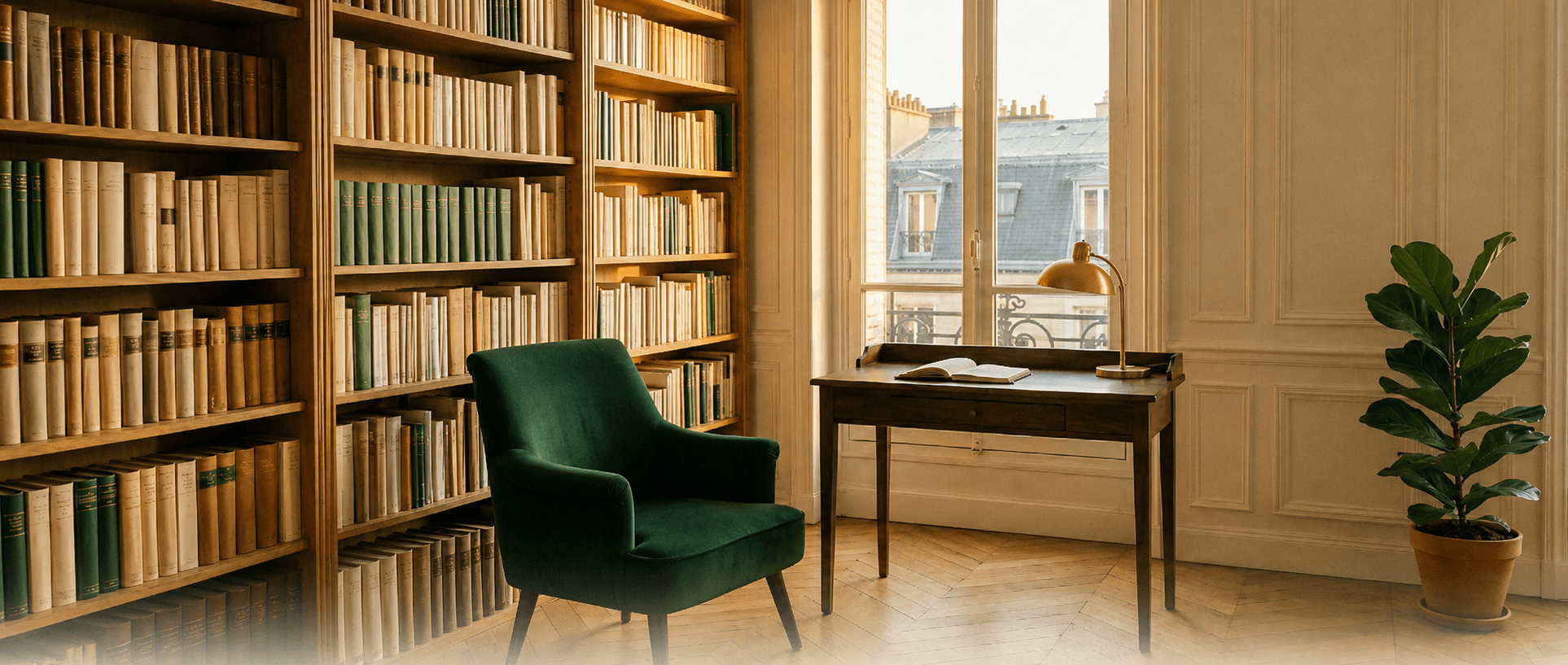 Bibliothèque et cabinet de travail dans un appartement haussmannien parisien
