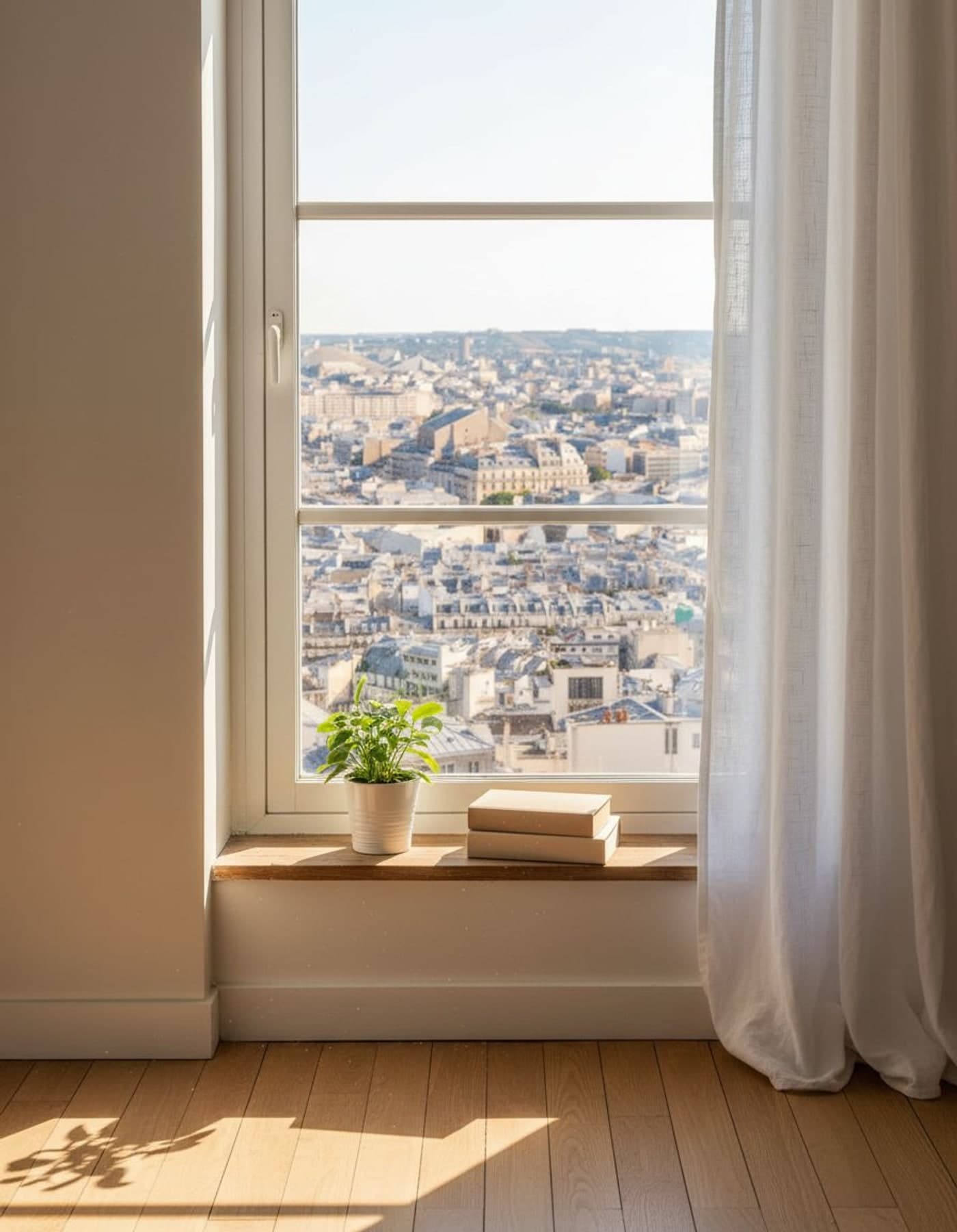Fenêtre ouverte sur les toits de Montmartre, une plante sur le rebord