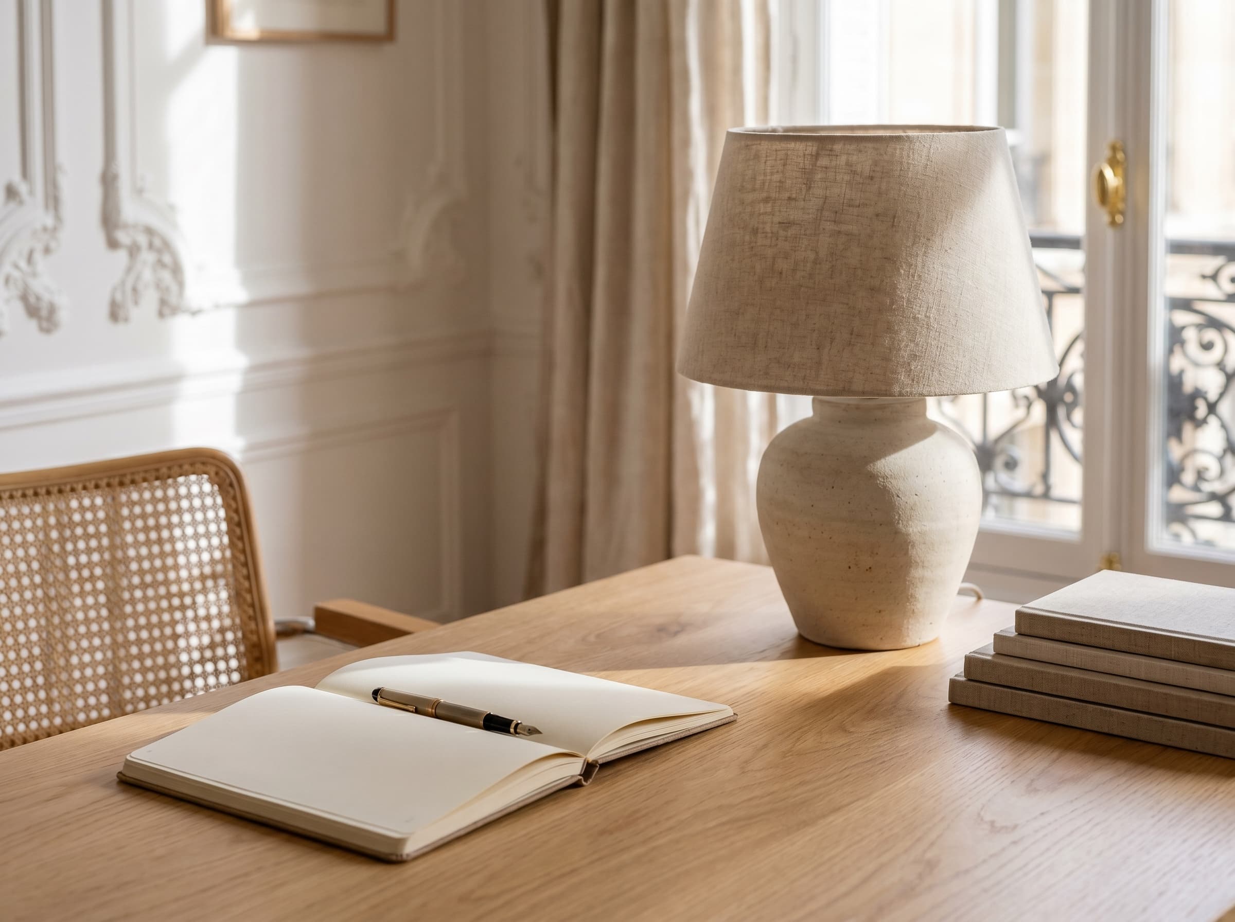Détails d'un bureau avec documents immobiliers parisiens