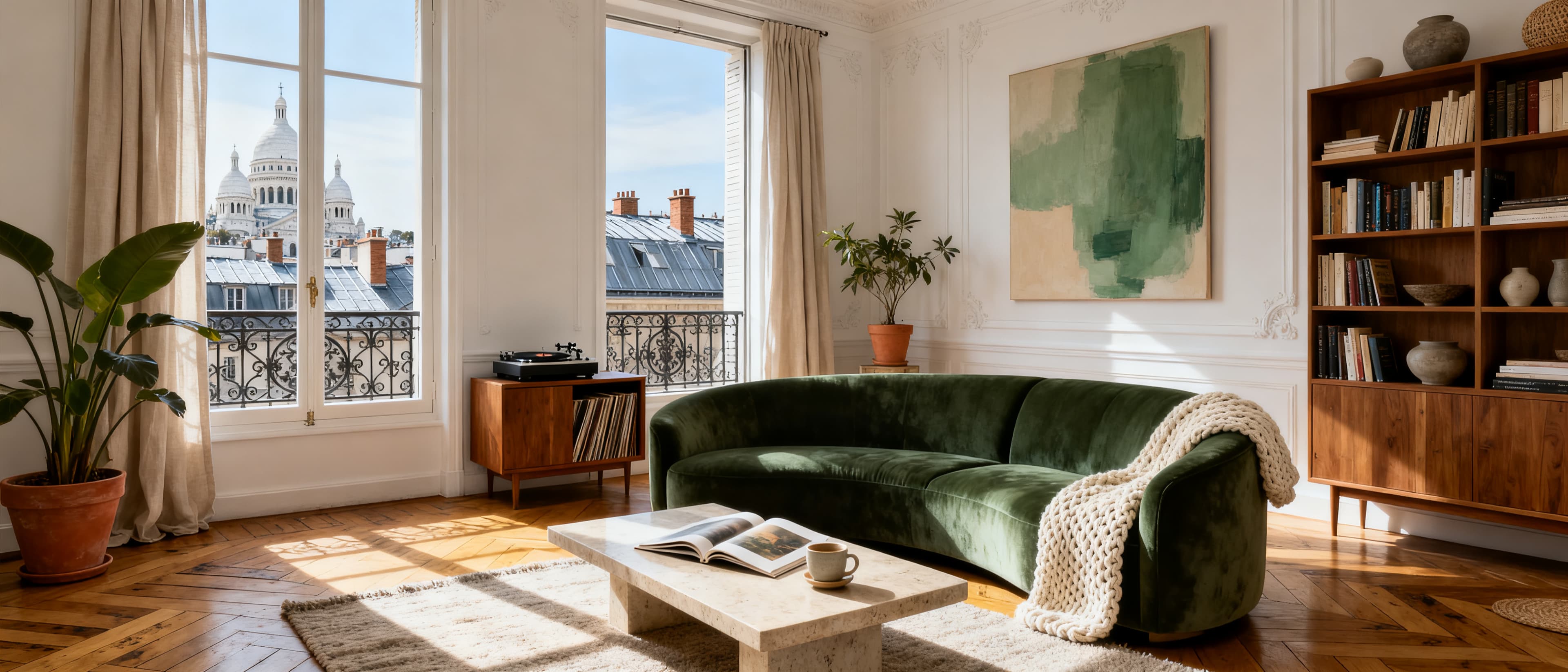 Grand salon de caractère d'un appartement parisien du centre historique
