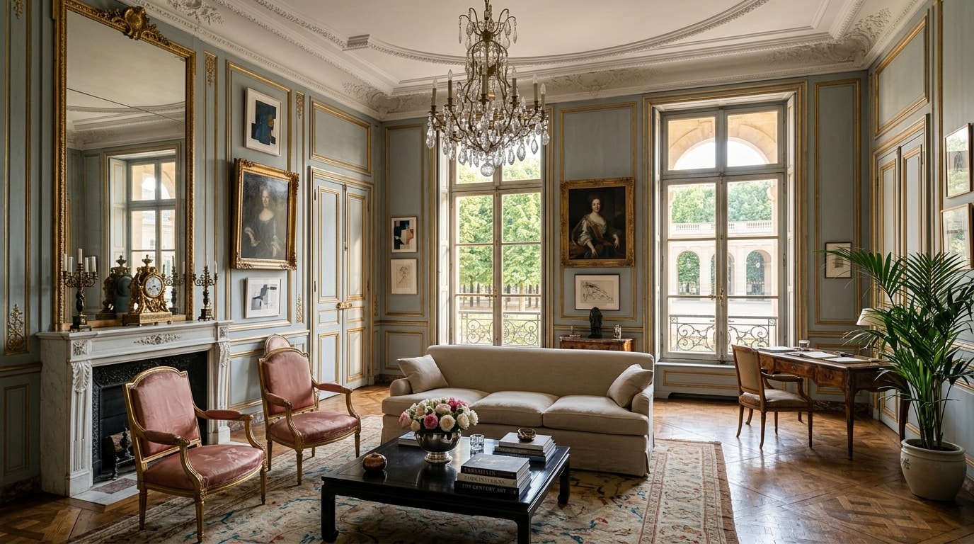 Grand salon classique aux boiseries gris-bleu, parquet Versailles et fenêtres sur un jardin à arcades