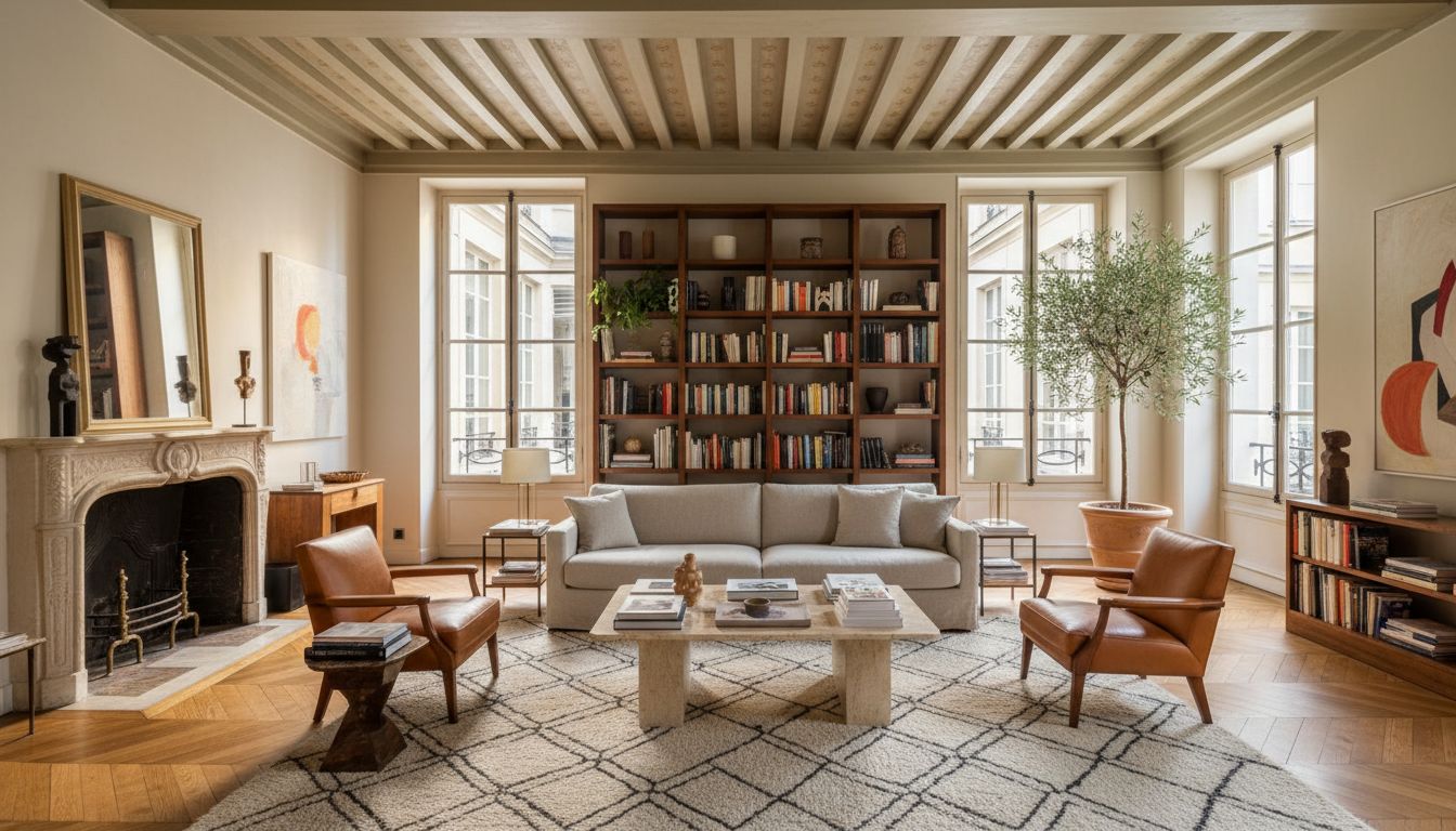 Salon d'hôtel particulier du Marais, plafond à la française, cheminée de pierre et fenêtres sur une cour pavée