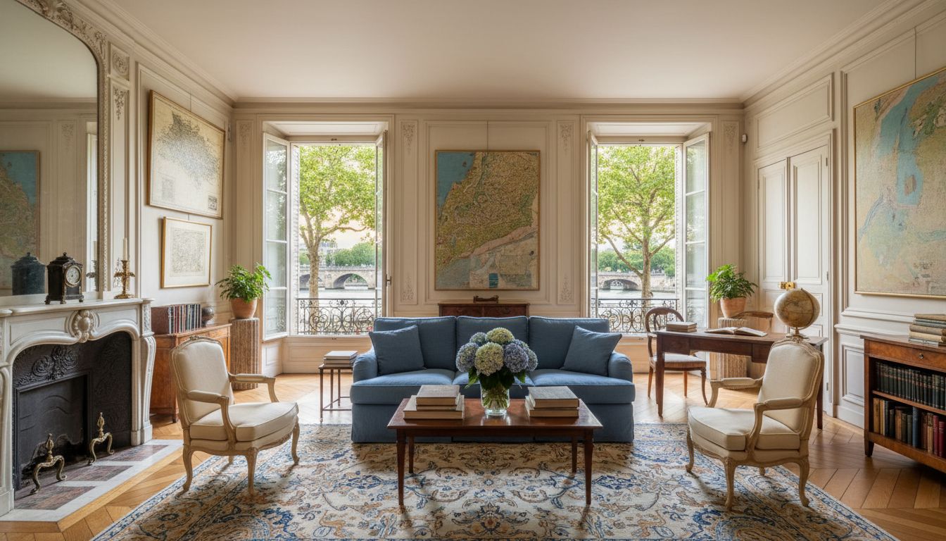 Salon XVIIe sur l'île Saint-Louis, boiseries ivoire, canapé bleu poudré, fenêtres ouvertes sur la Seine