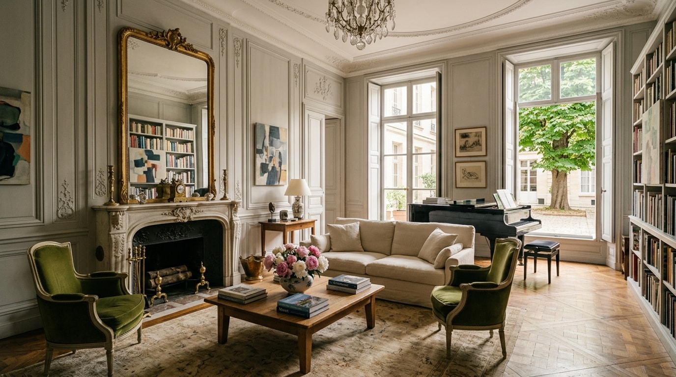 Salon XVIIIe aux boiseries grises, cheminée de pierre et piano, fenêtres sur une cour pavée