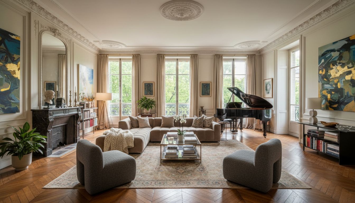 Grand salon haussmannien près du parc Monceau, moulures, piano à queue et toiles contemporaines