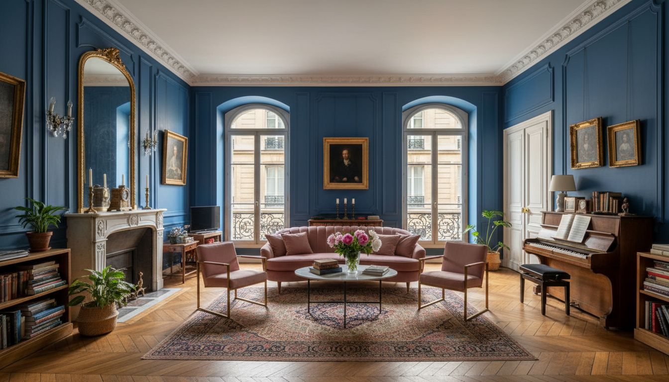 Salon romantique de la Nouvelle Athènes, murs bleu nuit, canapé vieux rose et piano droit