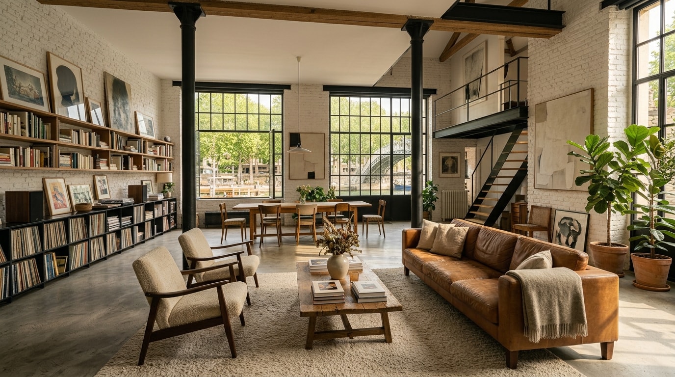 Loft dans un ancien atelier, verrières d'acier, briques blanchies et mezzanine, vue sur le canal