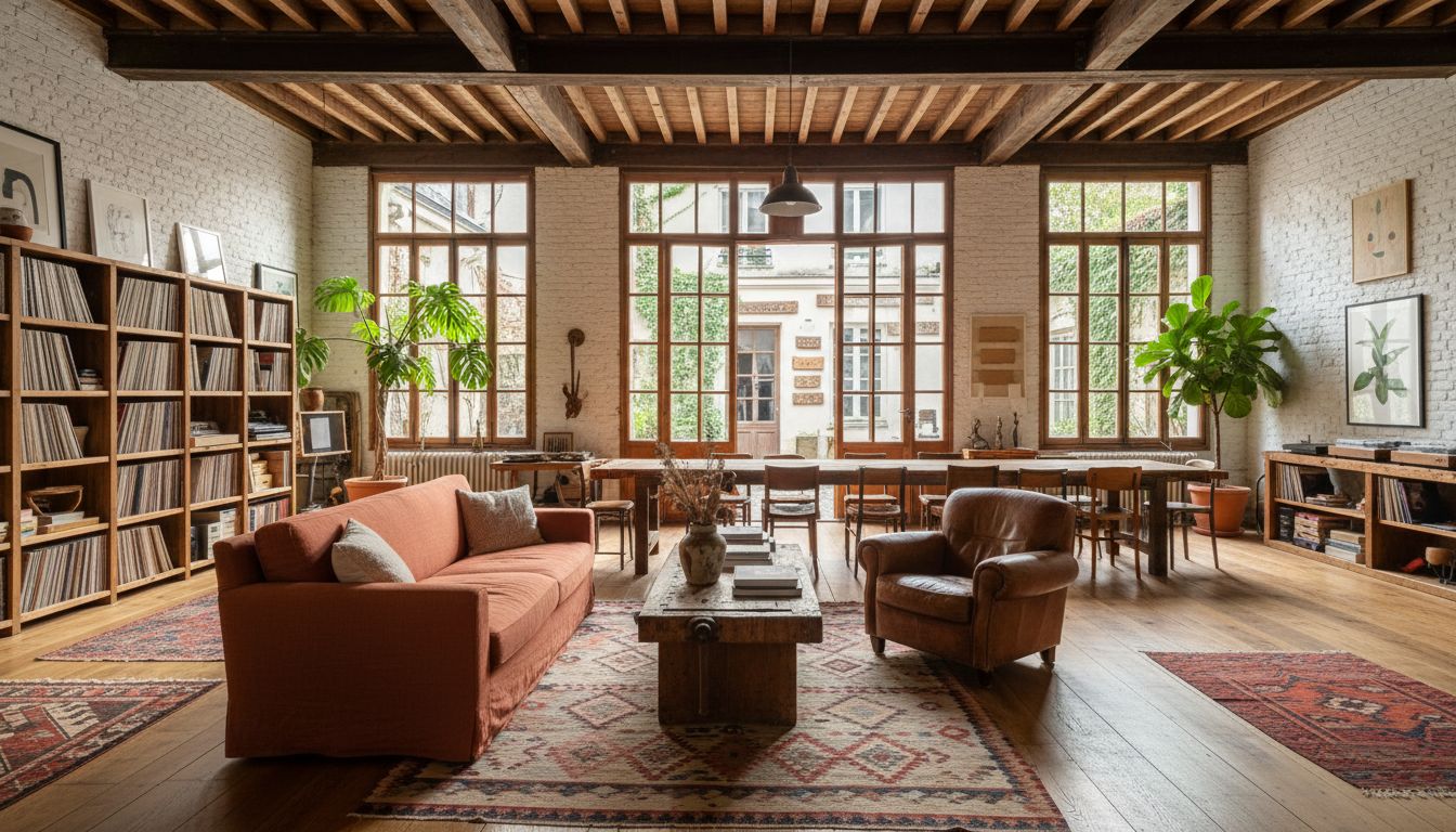 Atelier d'ébéniste reconverti sur cour pavée, poutres, briques blanches et canapé rouille