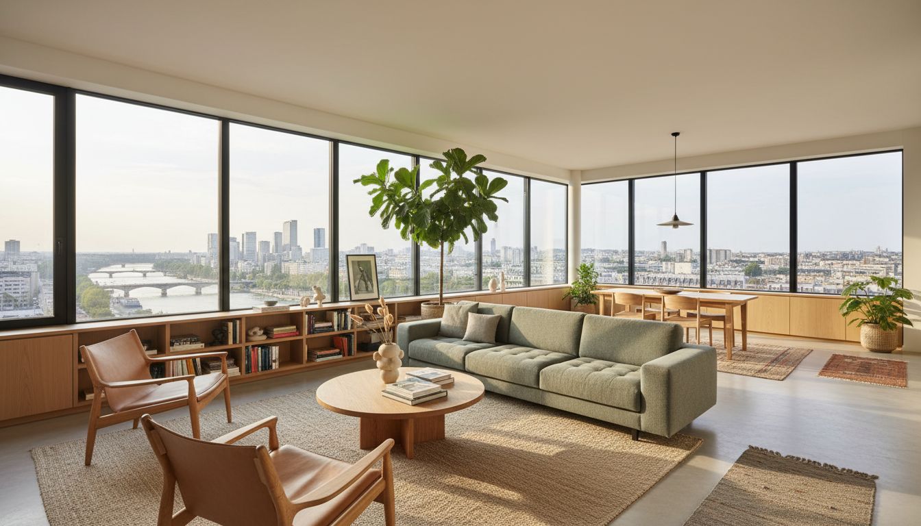 Salon contemporain en étage élevé, baies vitrées sur la Seine et les tours de Paris Rive Gauche