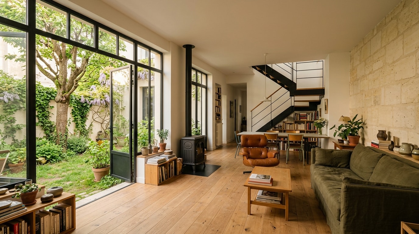 Maison de ville en double hauteur, verrière d'acier ouverte sur un jardin