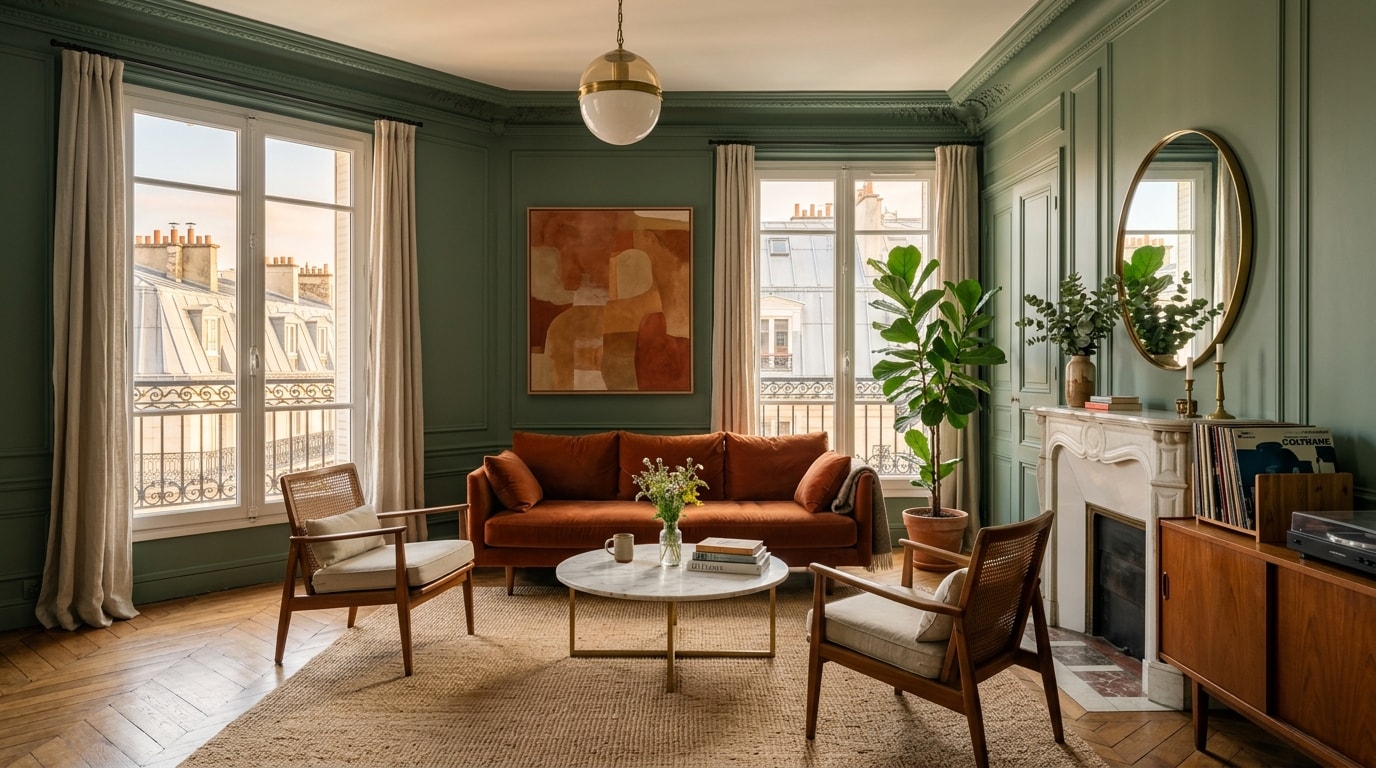 Salon haussmannien aux murs vert sauge, mobilier vintage et velours rouille