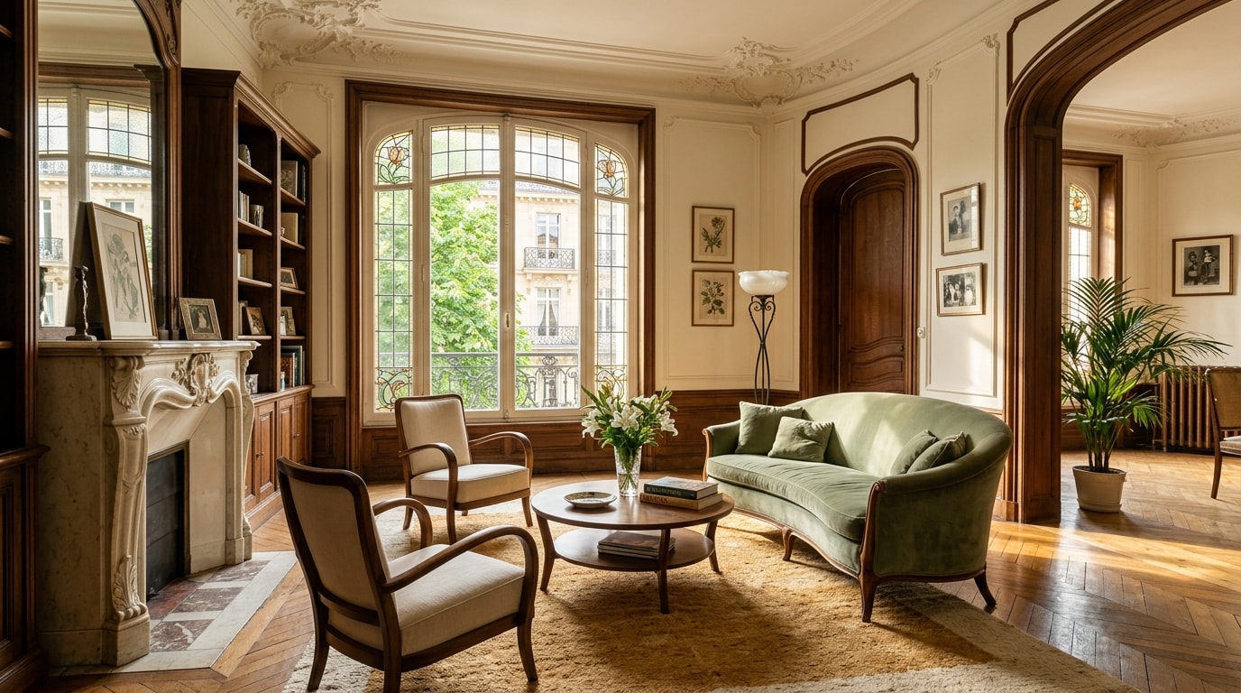 Salon Art nouveau, boiseries courbes, vitraux et canapé de velours sauge, vue sur les marronniers