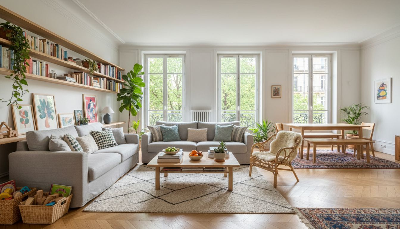 Salon familial clair aux Batignolles, parquet de chêne blond, grand canapé gris et jouets rangés